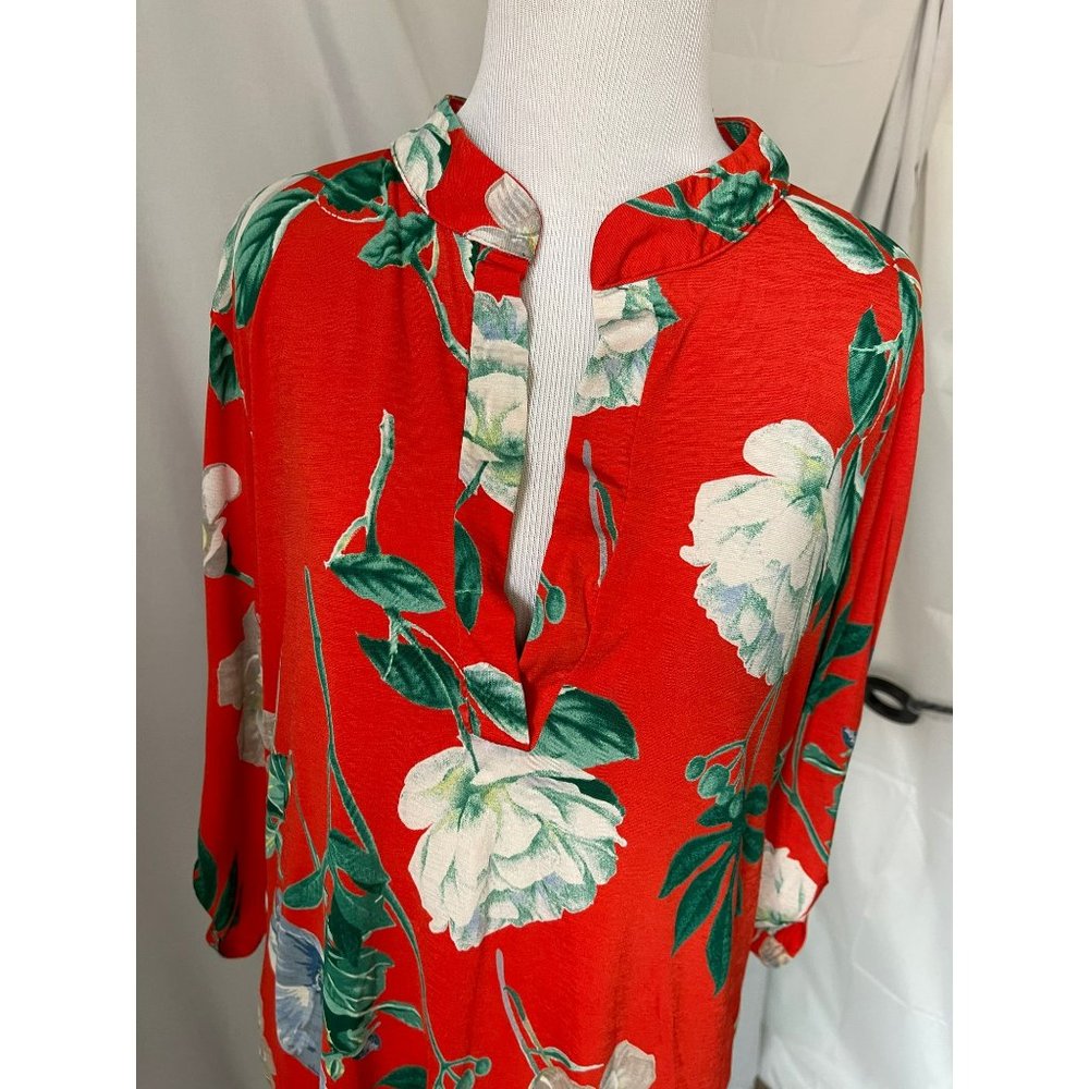 E'loges Collared Peek-a-boo V-Neck Floral Stretchy Short Sleeve Dress/Long Shirt - Picture 10 of 12